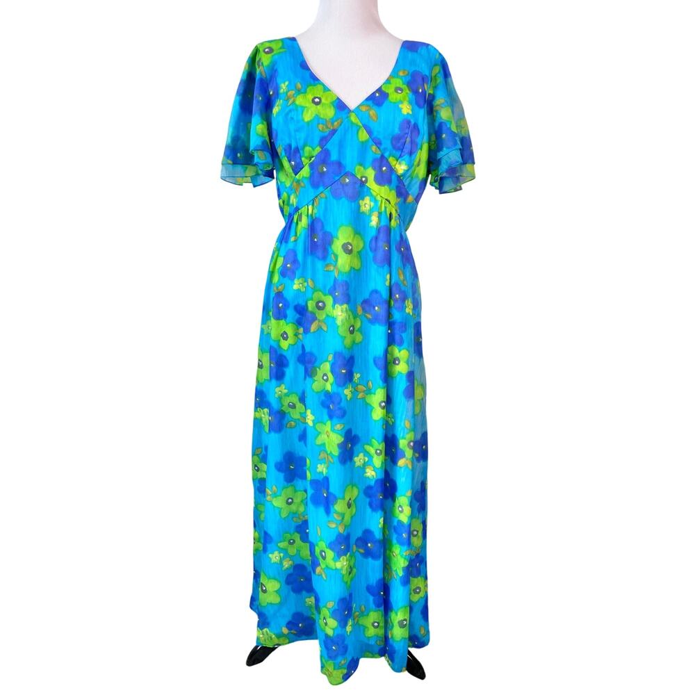 VTG Malia Liberty House Hawaiian Floral Maxi Dress 14 Blue Green Colorful Retro